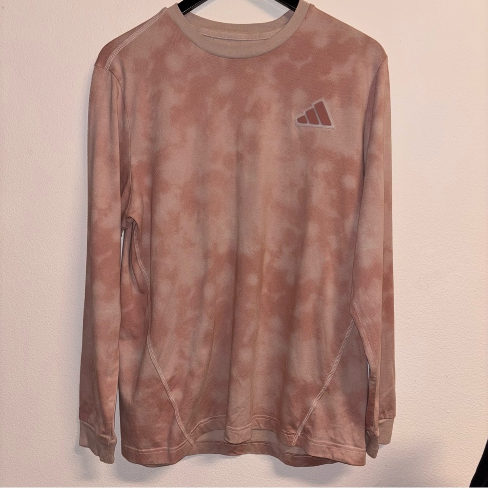 Adidas pink tie-dye long sleeve athletic training shirt in women’s size Large.